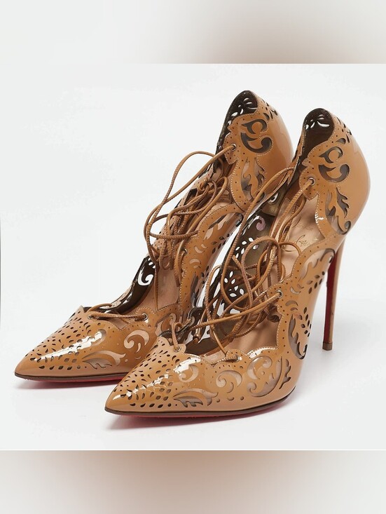 Christian Louboutin Shoes - Christian Louboutin Tan Laser-Cut Lace-Up Patent Pointed-Toe Pumps